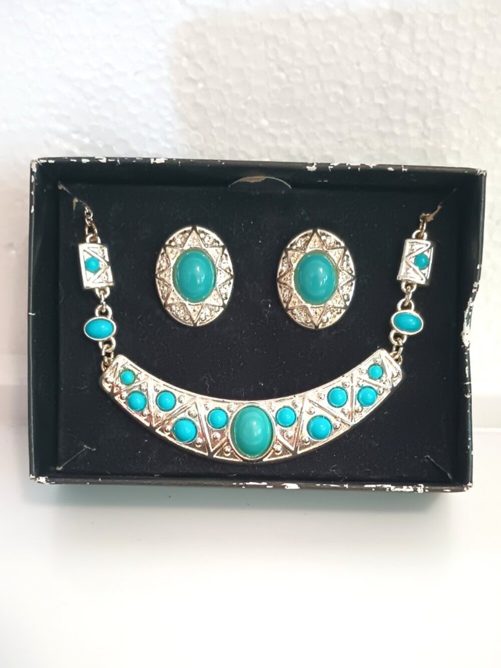 Avon Western Necklace & Earring Set Silver Tone & Teal Faux Turquoise Jewelry